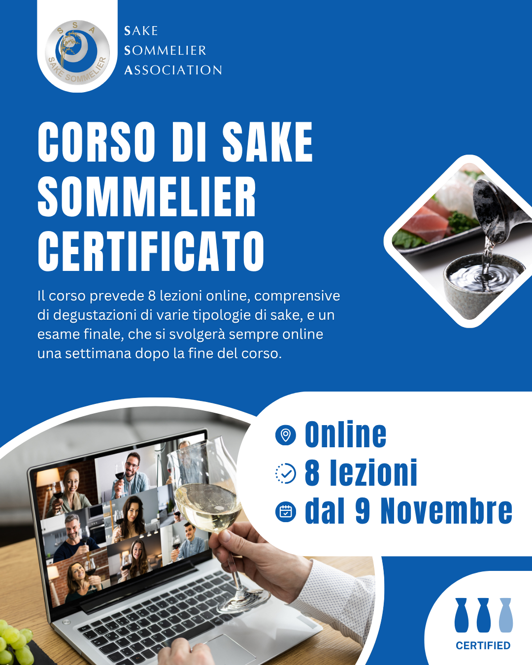 Corso di Sake Sommelier Certificato - Novembre 2026, 8 lezioni Online